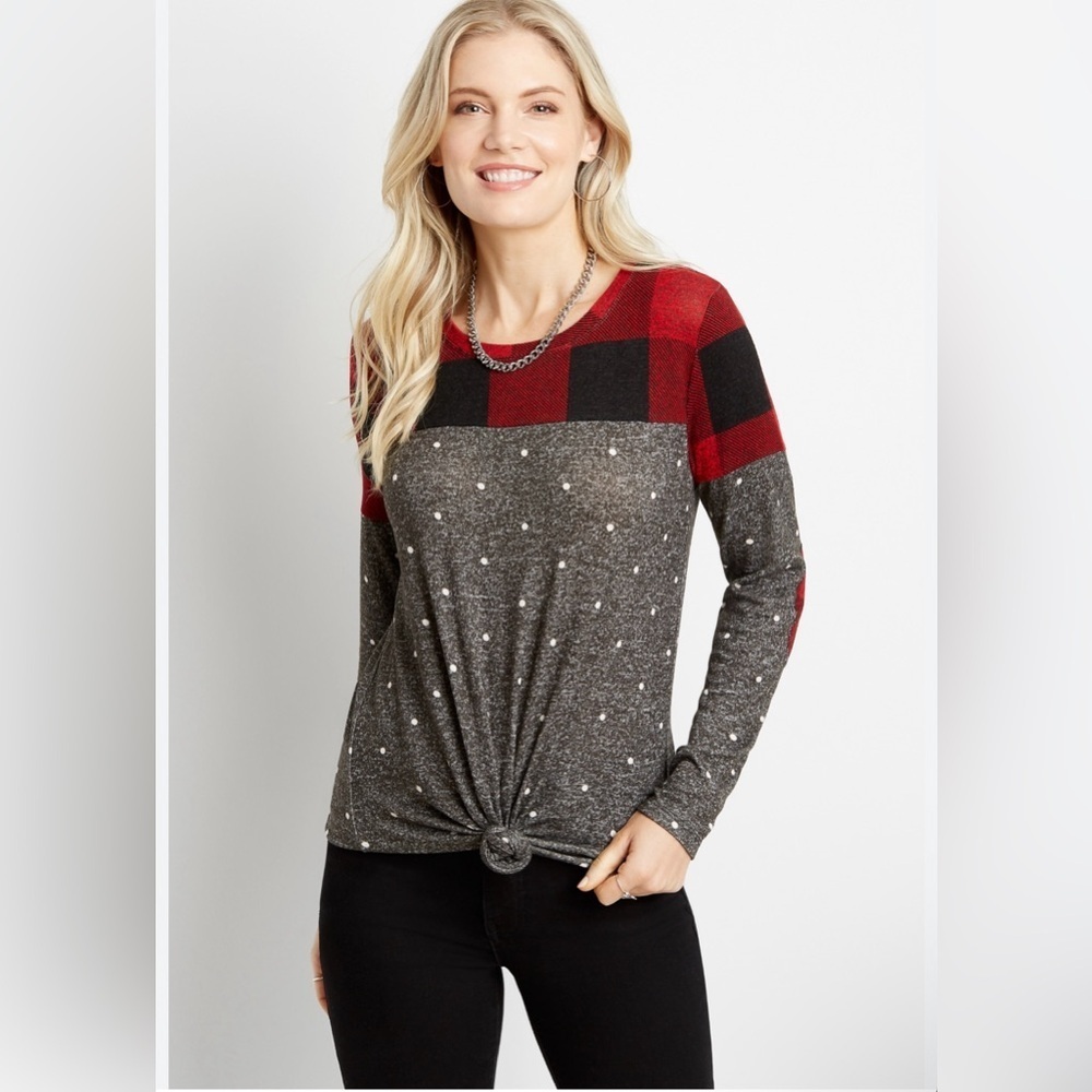Maurices Buffalo Plaid/Polka Dot Color Block Long Sleeve Top Size 3X